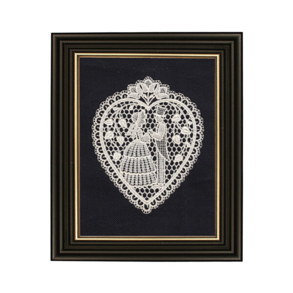 Prints Valentines Vintage Valentine Heart Doily Print Behind Glass in Black Frame with Gold Trim- 4″ x 5″ Framed to 6″ x 7″.