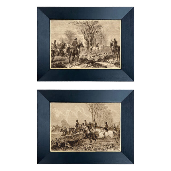 Prints Equestrian Set of 2 Equestrian Fox Hunt Etching Prints Behind Glass in Black and Gold Wood Frames- 5″ x 7″ Framed to 7″ x 9″