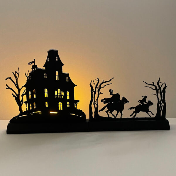 Halloween Decor Halloween Small Haunted Mansion and Headless Horseman Scene Set Wooden Silhouettes Tabletop Ornament Sculpture Decoration