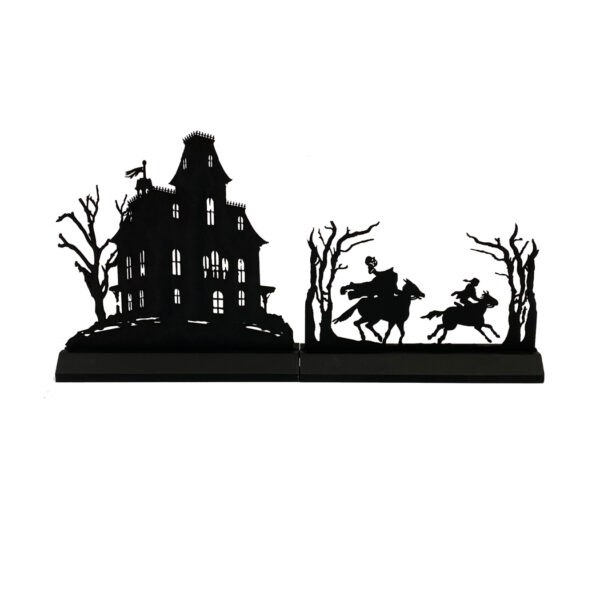 Holiday Silho Halloween Small Haunted Mansion and Headless Horseman Scene Set Wooden Silhouettes Tabletop Ornament Sculpture Decoration