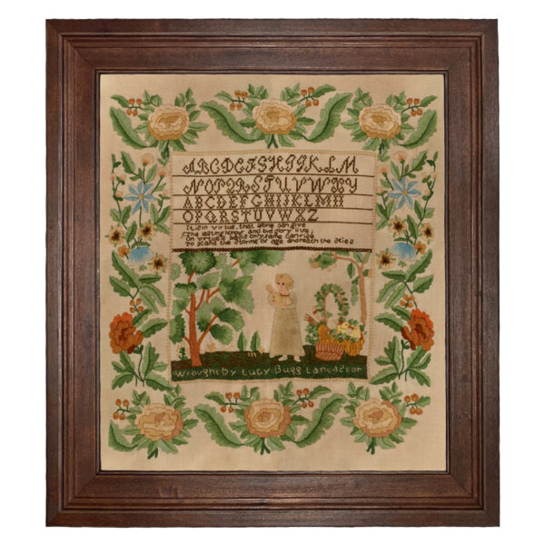 Sampler Prints Early American Lucy Bugg Antiqued Embroidery Needlepoint Sampler Framed PRINT- Distressed Brown Frame