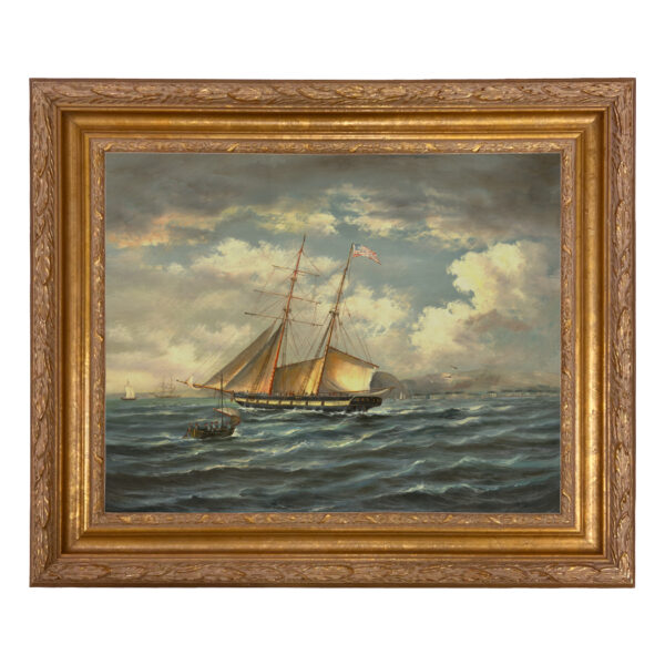 Nautical Nautical American Privateer Topaz Framed Oil Painting Print on Canvas in Ornate Antiqued Gold Frame. A 16″ x 20″ framed to 21-3/4″ x 25-3/4″.