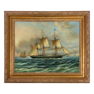 Nautical Nautical Baltimore Clipper Architect Framed Oil Painting Print on Canvas in Ornate Antiqued Gold Frame. A 16″ x 20″ framed to 21-3/4″ x 25-3/4″.