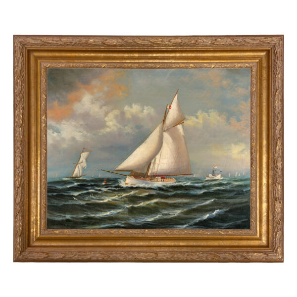 Nautical Paintings Nautical The Puritan Leading Genesta Framed Oil Painting Print on Canvas in Ornate Antiqued Gold Frame. A 16″ x 20″ framed to 21-3/4″ x 25-3/4″.