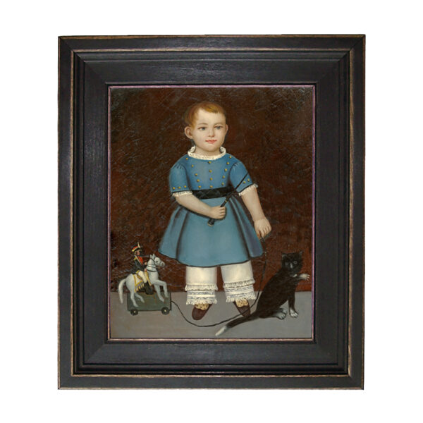 Portrait and Primitive Paintings Early American Boy with Toy Soldier Painting Reproduction Print on Canvas in Distressed Black Solid Wood Frame. An 11″ x 14″ Framed to 14-1/2″ x 17-1/2″