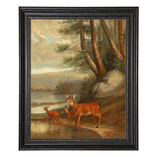 Cabin/Lodge Animals Doe with Two Fawns Framed Oil Painting Print on Canvas in Distressed Black Frame with Bead Accent. A 23-1/2″ x 29-1/2″ framed to 28-3/4″ x 34-3/4″.