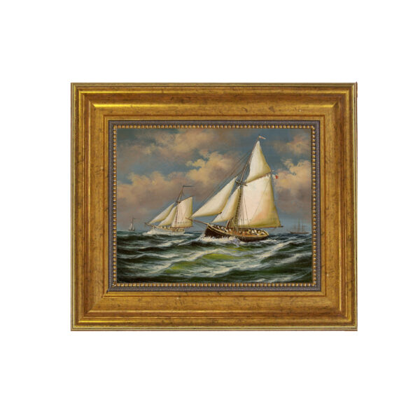 Nautical Paintings Nautical Accurately reproduced from original works. This is an antiqued reproductions on canvas and framed in the proper period reproduction frame. Painting is 5″ x 6″ and framed to 7 1/2″ x 9 1/2″