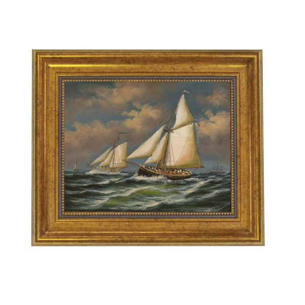 Nautical Paintings Nautical Puritan and Genesta by Jacobsen Framed Oil Painting Print on Canvas in Antiqued Gold Frame. An 8 x 10″ framed to 11-1/2 x 13-1/2″.