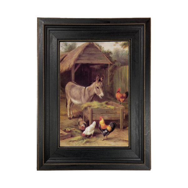 Farm and Pastoral Paintings Farm Donkey and Chickens Framed Oil Painting Print on Canvas in Distressed Black Wood Frame. A 7″ x 10″ Framed to 10-1/2″ x 13-1/2″