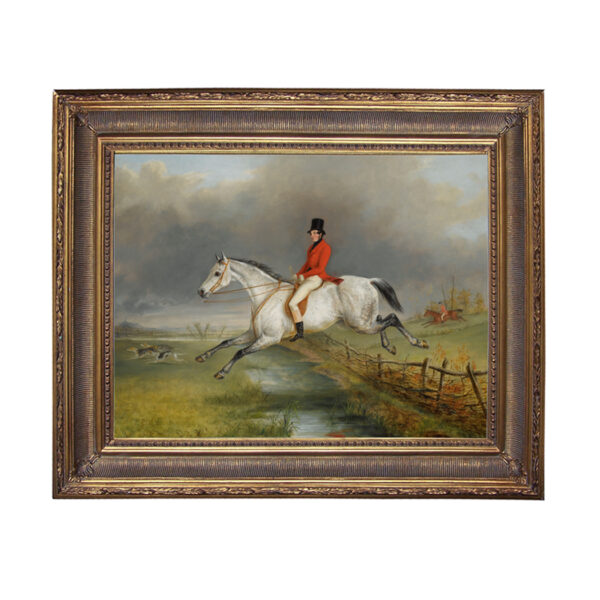 Equestrian Paintings Equestrian Sir Arnold on Hunter Framed Oil Painting Print on Canvas in Antiqued Gold Frame. A 16″ x 20″ framed to 22-1/4″ x 26-1/4″.