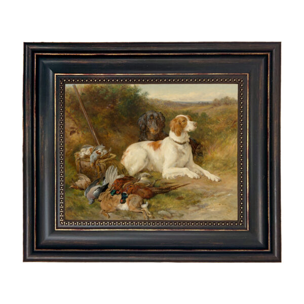 Cabin/Lodge Dogs Hunting Dogs Framed Oil Painting Print on Canvas in Distressed Black Frame with Bead Accent. 8″ x 10″ framed to 11-3/4″ x 13-3/4″