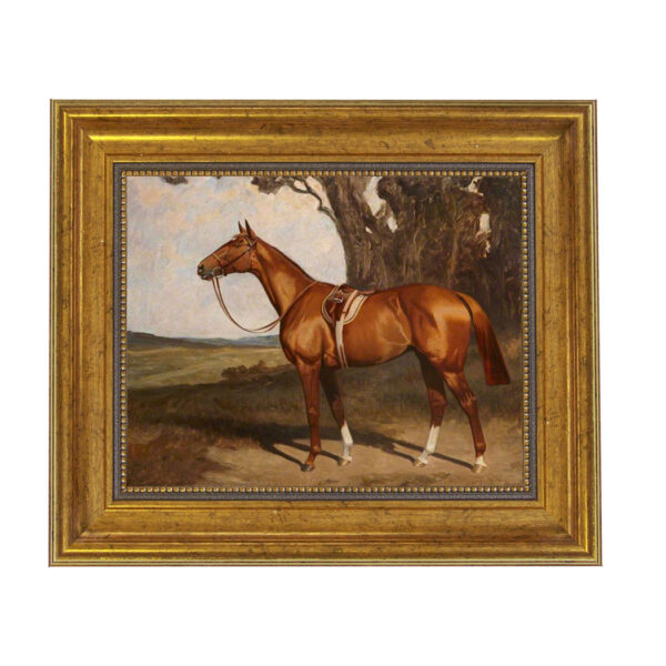 Equestrian Paintings Equestrian Saddled Chestnut Race Horse by Lynwood Palmer Framed Oil Painting Print on Canvas in Antiqued Gold Frame. An 8 x 10″ framed to 11-1/2 x 13-1/2″.