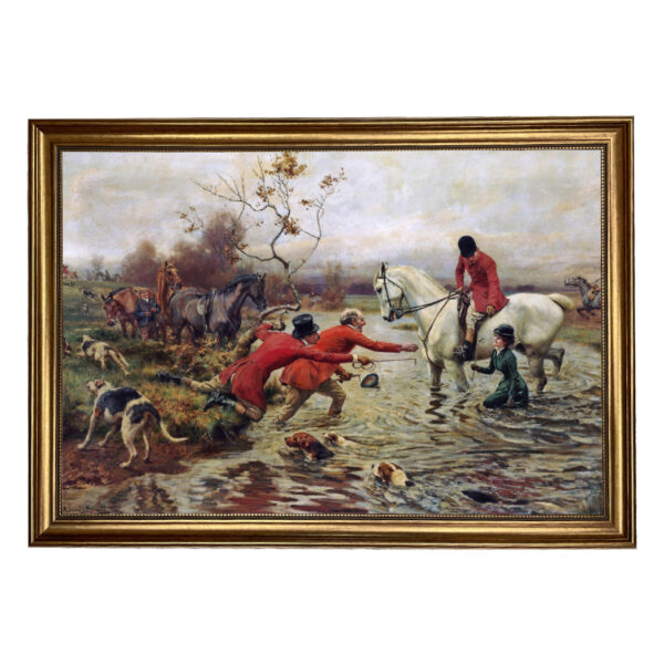 Equestrian/Fox Equestrian In The Creek Framed Equestrian Oil Painting Print on Canvas in Antiqued Gold Frame. A 13″ x 22″ framed to 16-1/2″ x 25-1/2″.