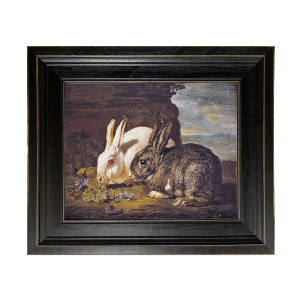 Farm and Pastoral Paintings Farm Pair of Rabbits Framed Oil Painting Print on Canvas in Distressed Black Wood Frame. An 8″ x 10″ framed to 11-1/2″ x 13-1/2″.