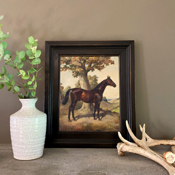 Equestrian/Fox Equestrian Dark Chestnut Horse Ethelbruce by Lynwood Palmer Framed Oil Painting Print on Canvas in Distressed Black Wood Frame. An 11″ x 14″ Framed to 14-1/2″ x 17-1/2″