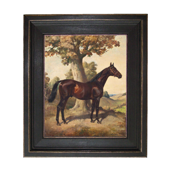 Equestrian Paintings Equestrian Dark Chestnut Horse Ethelbruce by Lynwood Palmer Framed Oil Painting Print on Canvas in Distressed Black Wood Frame. An 11″ x 14″ Framed to 14-1/2″ x 17-1/2″
