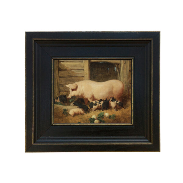 Farm/Pastoral Animals Sow with Piglets Oil Framed Oil Painting Print on Canvas in Distressed Black Solid Wood Frame- A 5″ x 6″ Framed to 8-1/2″ x 9-1/2″