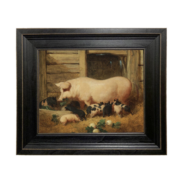 Farm and Pastoral Paintings Farm Sow with Piglets Framed Oil Painting Print on Canvas in Distressed Black Solid Wood Frame- An 8″ x 10″ Framed to 11-1/2″ x 13-1/2″