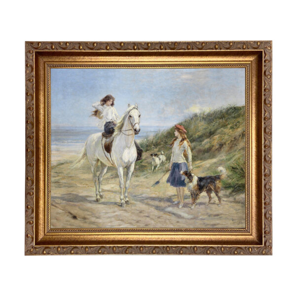 Equestrian Paintings Framed Art Holiday Time Heywood Hardy Girls on the Beach with Horse and Dog Framed Oil Painting Print on Canvas in Thin Gold Frame. A 8″ x 10″ Framed to 10″ x 12″.