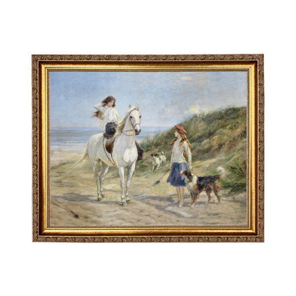 Equestrian Paintings Framed Art Holiday Time Heywood Hardy Girls on the Beach with Horse and Dog Framed Oil Painting Print on Canvas in Thin Gold Frame. An 11″ x 14″ Framed to 13″ x 16″