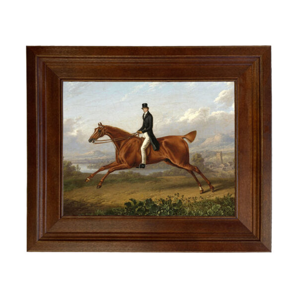 Equestrian/Fox Equestrian Gentleman on a Galloping Chestnut Horse Oil Painting Print on Canvas in Distressed Brown Frame. 8″ x 10″ framed to 11-1/2″ x 13-1/2″
