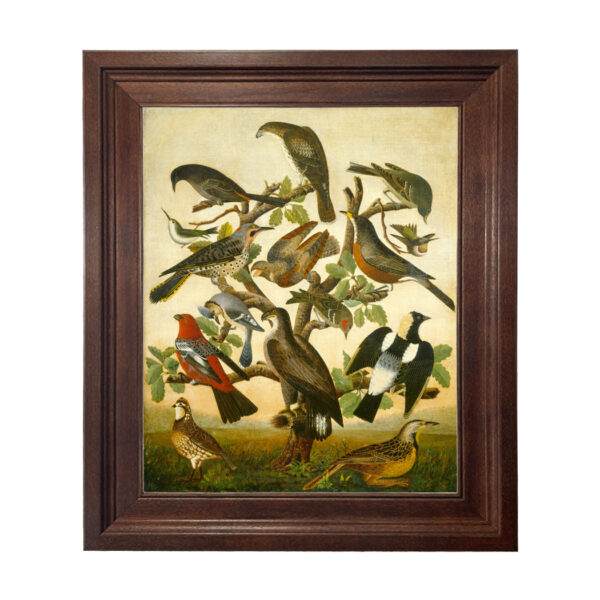 Painting Prints on Canvas Early American Birds in Tree Framed Oil Painting Print on Canvas in Distressed Brown Wood Frame- An 11″x14″ Framed to 14-1/2″ 17-1/12″