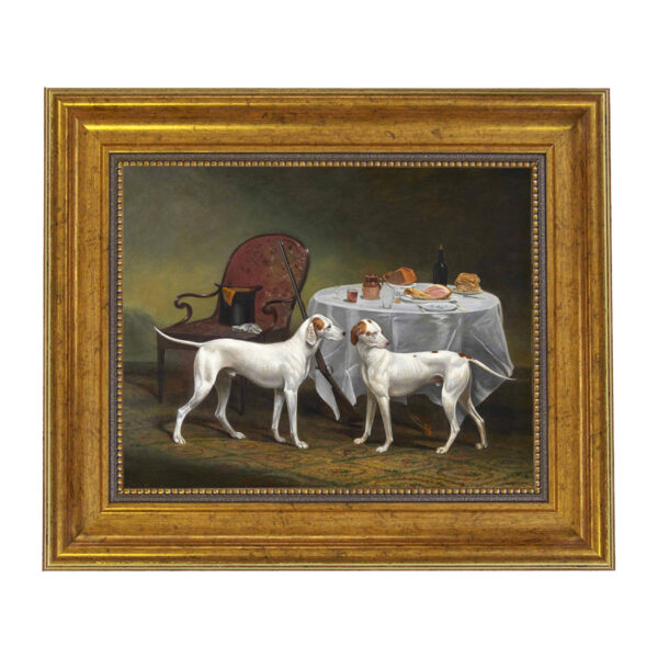 Sporting and Lodge Paintings English Pointers Hunting Dogs Framed Oil Painting Print on Canvas in Antiqued Gold Frame. An 8″ x 10″ framed to 11-1/2″ x 13-1/2″.