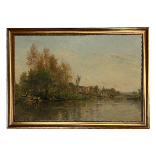 Farm and Pastoral Paintings On the Banks of the River Landscape Oil Painting Print on Canvas in Antiqued Gold Frame- Framed to 23-1/2″ x 33-1/2″
