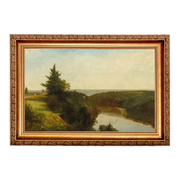 Farm/Pastoral Farm River View Scenic Landscape Oil Painting Print on Canvas in Thin Gold Frame