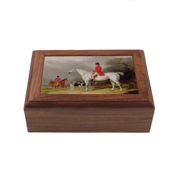Wood Equestrian Hunter and Favorite Hound Equestrian Framed Print Wood Trinket or Jewelry Box- Antique Vintage Style