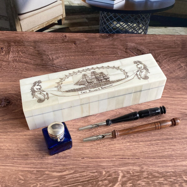Writing Boxes & Travel Trunks Nautical 10″ Captain Pollard Nantucket Engraved Bone Pen Box with Inkwell, Nib Pens & Ink Powder