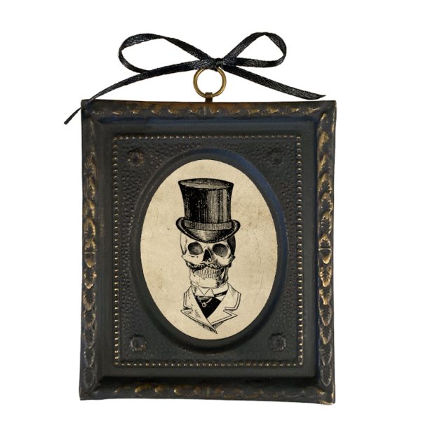 Halloween Dark Academia 4-1/2″ Gentleman & Lady Skull Print Set in Embossed Black and Brass Frame- Antique Vintage Style