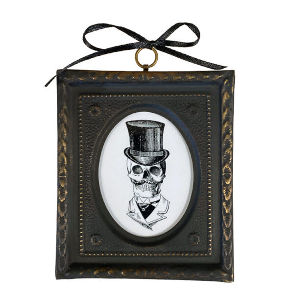 Prints Halloween 4-1/2″ Gentleman Skull Print in Embossed Black and Brass Frame- Antique Vintage Style
