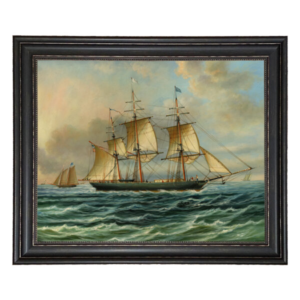 Nautical Nautical Baltimore Clipper Architect Framed Oil Painting Print on Canvas in Distressed Black Frame with Bead Accent. A 23-1/2″ x 29-1/2″ framed to 28-3/4″ x 34-3/4″.