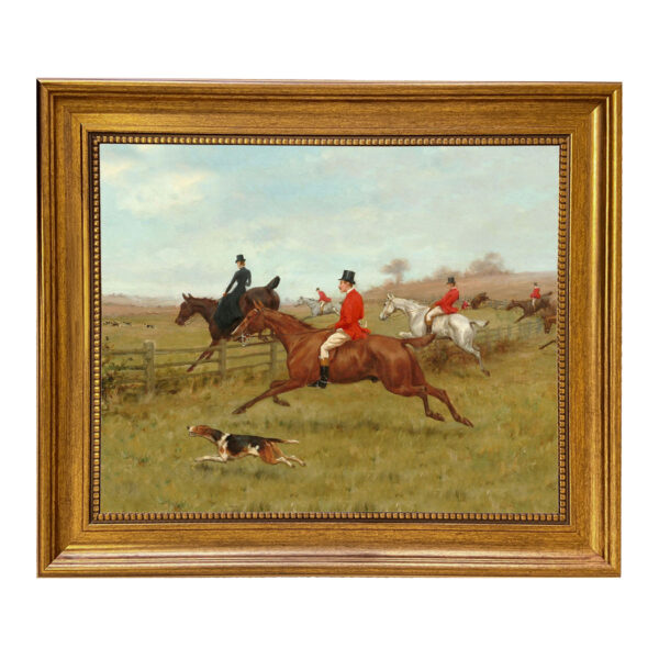 Equestrian/Fox Equestrian The Chase Fox Hunting Framed Oil Painting Print Reproduction On Canvas in Antiqued Gold Frame