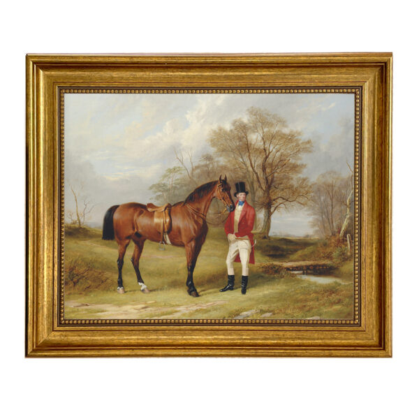Equestrian/Fox Equestrian Gentleman Standing Beside Saddled Hunter Framed Oil Painting Print on Canvas in Antiqued Gold Frame