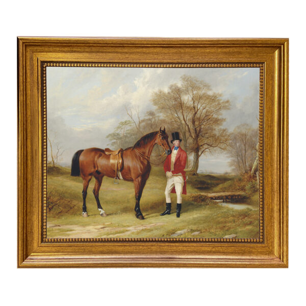 Equestrian/Fox Equestrian Gentleman Standing Beside Saddled Hunter Framed Oil Painting Print on Canvas