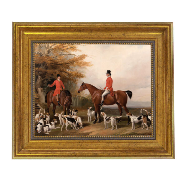 Equestrian/Fox Equestrian The Meeting Fox Hunt Scene Framed Oil Painting Print on Canvas in Antiqued Gold Frame