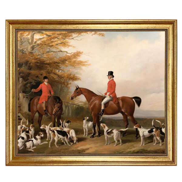 Equestrian/Fox Equestrian The Meeting Fox Hunt Scene Framed Oil Painting Print on Canvas in Antiqued Gold Frame