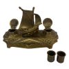 Inkwells Nautical Antiqued Brass Ship Dual Inkwell Stand with Two Brass Cup Inserts- Antique Vintage Style