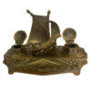 Pens and Inkwells Nautical Antiqued Brass Ship Dual Inkwell Stand with Two Brass Cup Inserts- Antique Vintage Style