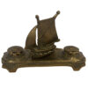Inkwells Nautical Antiqued Brass Ship Dual Inkwell Stand with Two Brass Cup Inserts- Antique Vintage Style