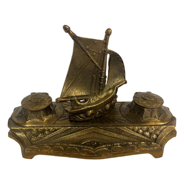 Inkwells Nautical Antiqued Brass Ship Dual Inkwell Stand with Two Brass Cup Inserts- Antique Vintage Style