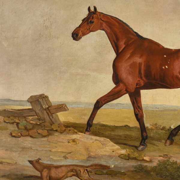 Equestrian/Fox Equestrian A Bay Hunter with a Fox at It’s Side Framed Oil Painting Print on Canvas