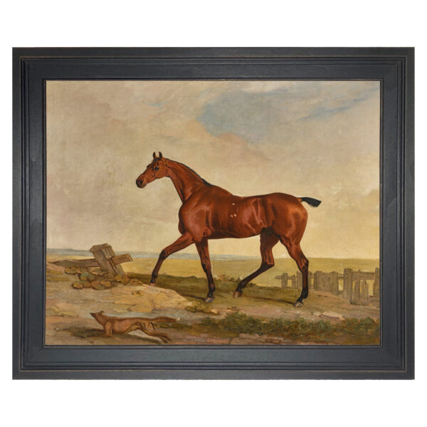 Equestrian/Fox Equestrian A Bay Hunter with a Fox at It’s Side Framed Oil Painting Print on Canvas in Distressed Black Solid Wood Frame- A 16″ x 20″ Framed to 21-1/2″ x 25-1/2″