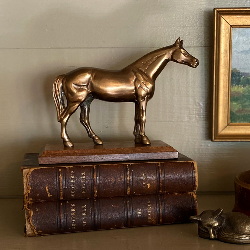 Lodge & Equestrian Decor Equestrian Antiqued Brass Horse on Wood Stand