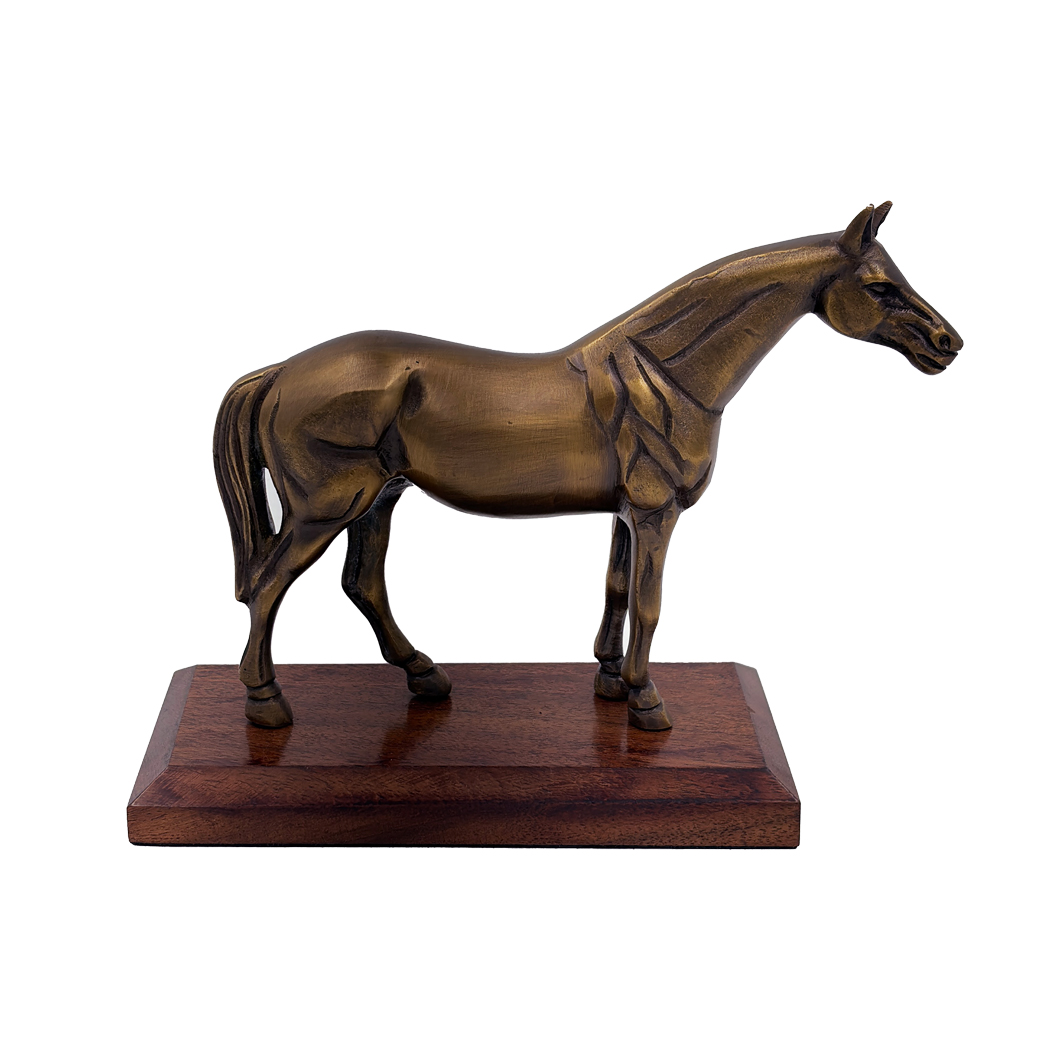 Lodge & Equestrian Decor Equestrian Antiqued Brass Horse on Wood Stand