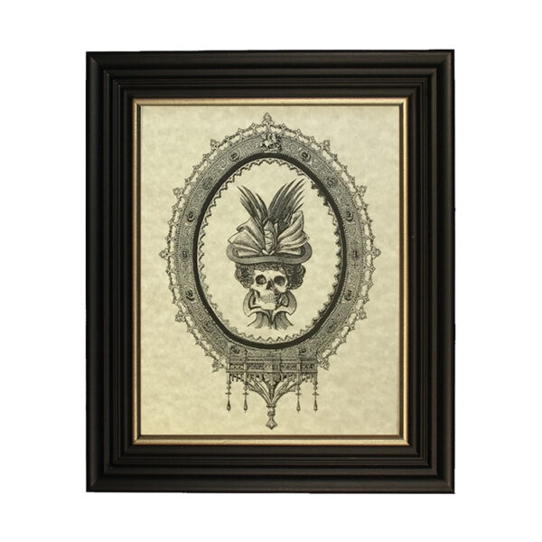 Prints Halloween Skull in Bonnet Framed Gothic Halloween Print in Black Wood Frame with Gold Trim- 6×8″ Framed to 8×10″