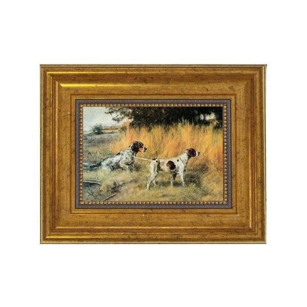 Sporting and Lodge Paintings Lodge On Point, Accurately reproduced from original works. This is an antiqued reproduction on canvas and framed in the proper period reproduction frame. Painting is 4″ x 6″