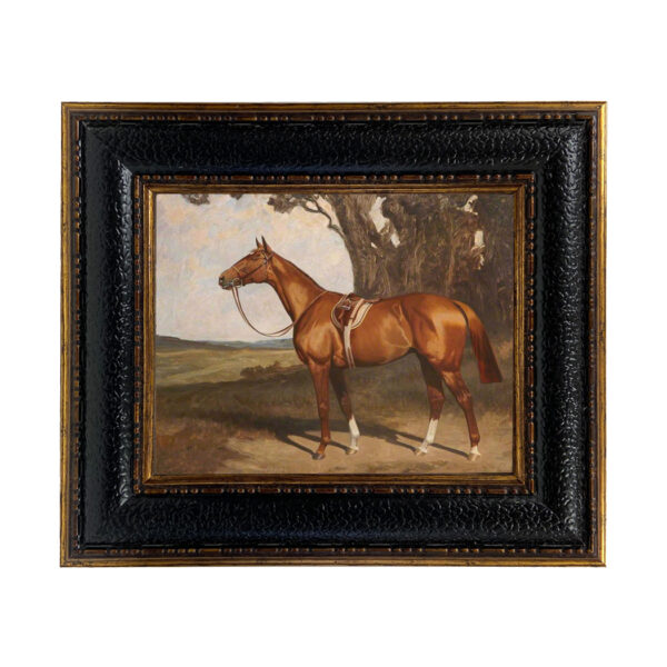 Equestrian Paintings Equestrian Saddled Chestnut Race Horse Framed Oil Painting Print on Canvas in Leather-Look Black and Antiqued Gold Frame. Framed to 12-3/4″ x 14-3/4″